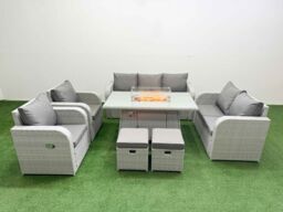 Fimous PE Rattan Garden Furniture Set Reclining Chair Sofa Double Love Seat 2 Seater Sofa Lounge Set Firepit Dining Table 2 Stools Light Grey - thumbnail 1