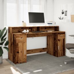 Berkfield Home Desk with LED Lights Old Wood 160x55x91 cm Engineered Wood in Brown - Size: 160 x 55 x 91 cm - thumbnail 4