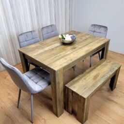 KOSY KOALA Modern Rustic Dining Table Set Wooden Table with 4 Grey Velvet Chairs & Bench - Dining Furniture Set in Brown - thumbnail 7