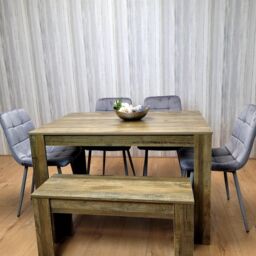 KOSY KOALA Modern Rustic Dining Table Set Wooden Table with 4 Grey Velvet Chairs & Bench - Dining Furniture Set in Brown - thumbnail 2
