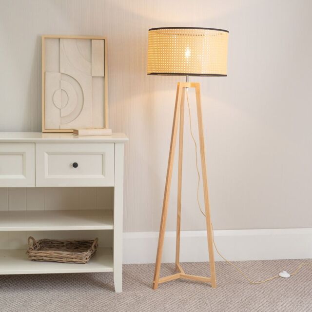 ValueLights Lottie Natural Wood Tripod Floor Lamp with Wicker Drum Shade - image 1