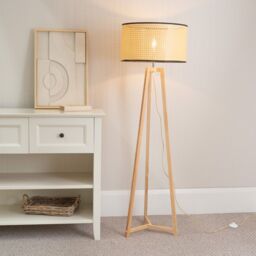 ValueLights Lottie Natural Wood Tripod Floor Lamp with Wicker Drum Shade
