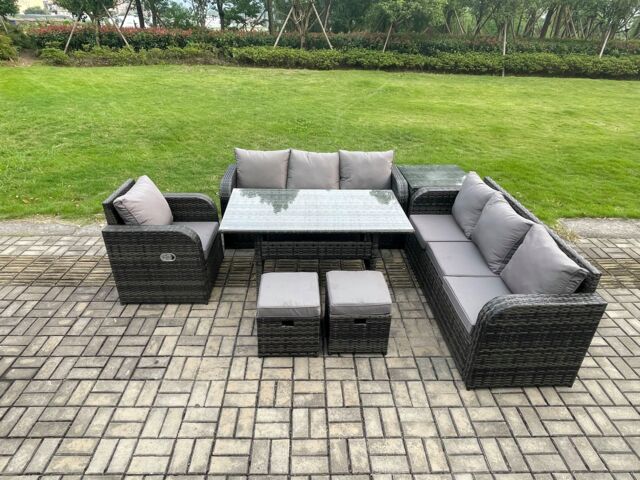 Fimous 9 Seater Rattan Garden Furniture Set Oblong Rectangular Dining Table & Chairs Set with 3 Seater Sofa Side Table 2 Small Footstools in Dark Grey - image 1