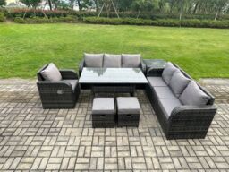Fimous 9 Seater Rattan Garden Furniture Set Oblong Rectangular Dining Table & Chairs Set with 3 Seater Sofa Side Table 2 Small Footstools in Dark Grey - thumbnail 1
