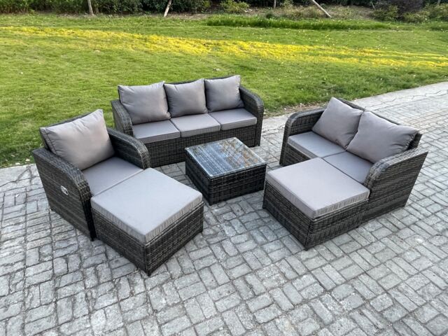 Fimous 8 Seater High Back Rattan Garden Furniture Set with Square Coffee Table 2 Big Footstool Indoor Outdoor Patio Lounge Sofa Set Dark Grey Mixed - image 1