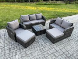 Fimous 8 Seater High Back Rattan Garden Furniture Set with Square Coffee Table 2 Big Footstool Indoor Outdoor Patio Lounge Sofa Set Dark Grey Mixed - thumbnail 1