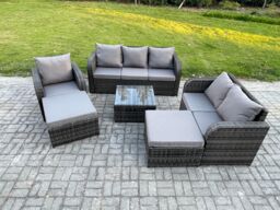 Fimous 8 Seater High Back Rattan Garden Furniture Set with Square Coffee Table 2 Big Footstool Indoor Outdoor Patio Lounge Sofa Set Dark Grey Mixed - thumbnail 2