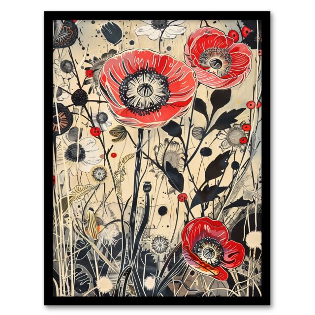 Artery8 Wildflower Field Spring Poppy Flowers Painting Framed Art Print in Beige - Size: A4 - image 1
