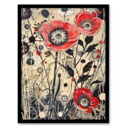 Artery8 Wildflower Field Spring Poppy Flowers Painting Framed Art Print in Beige - Size: A4 - thumbnail 1