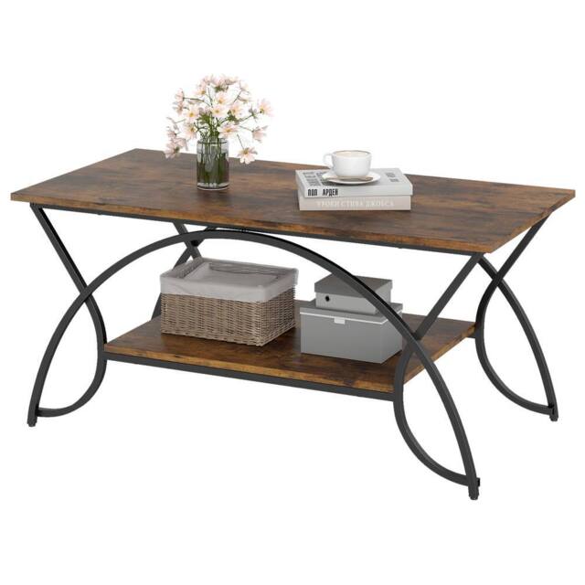 Costway 2-Tier Faux Marble Coffee Table Modern Cocktail Center Table w/ Shelf in Brown - image 1