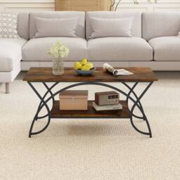 Costway 2-Tier Faux Marble Coffee Table Modern Cocktail Center Table w/ Shelf in Brown - thumbnail 3