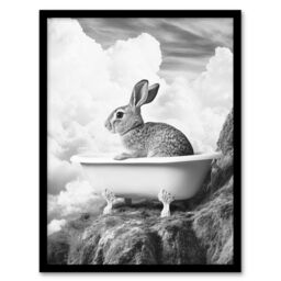 "Artery8 Cute Bunny Rabbit in Bathtub Black White Surreal Framed Art Print in Grey - Size: W12"" x H16""" - thumbnail 1
