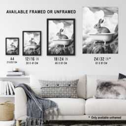 "Artery8 Cute Bunny Rabbit in Bathtub Black White Surreal Framed Art Print in Grey - Size: W12"" x H16""" - thumbnail 3