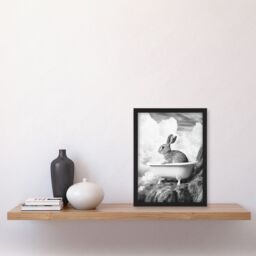 "Artery8 Cute Bunny Rabbit in Bathtub Black White Surreal Framed Art Print in Grey - Size: W12"" x H16""" - thumbnail 4