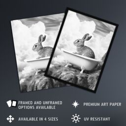 "Artery8 Cute Bunny Rabbit in Bathtub Black White Surreal Framed Art Print in Grey - Size: W12"" x H16""" - thumbnail 2