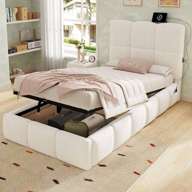 Matteo Upholstered Single Bed - Hydraulic Storage & USB - Velvet in Beige - image 1