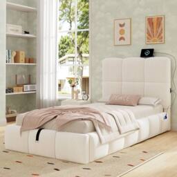 Matteo Upholstered Single Bed - Hydraulic Storage & USB - Velvet in Beige - thumbnail 2