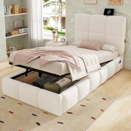 Matteo Upholstered Single Bed - Hydraulic Storage & USB - Velvet in Beige