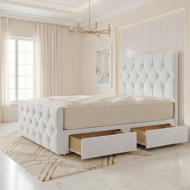 "Somnior Ziggy Velvet Divan Bed Mattress 2 Draw 54"" Headboard 22"" Footboard in White - Size: King" - image 1