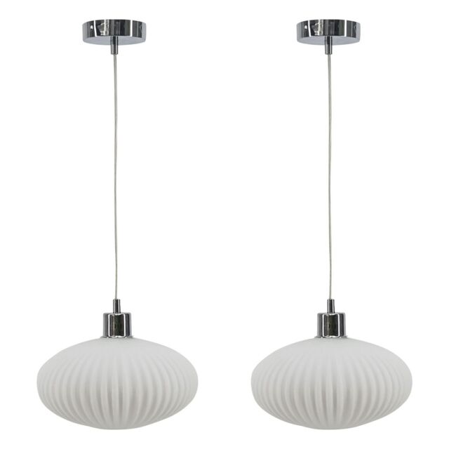 First Choice Lighting Set of 2 Baton - White Ribbed Oval Glass with Chrome Pendant Fittings - image 1