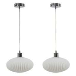 First Choice Lighting Set of 2 Baton - White Ribbed Oval Glass with Chrome Pendant Fittings