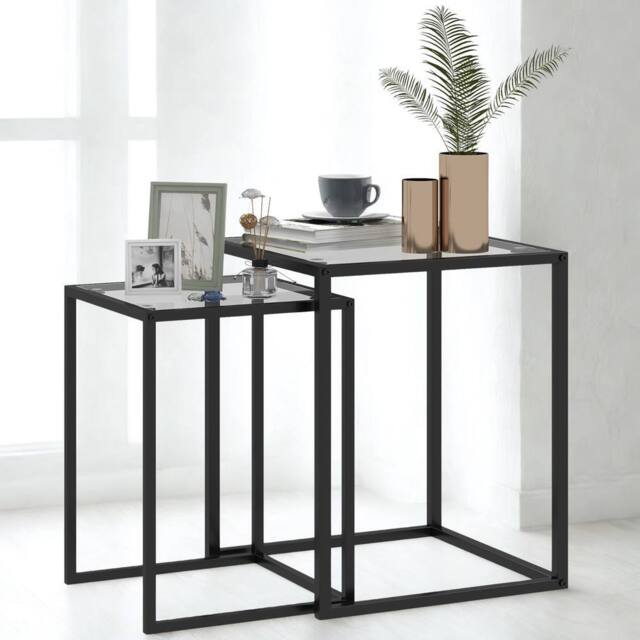 FURNOS Set Of 2 Nesting Side End Coffee Tables With Tempered Glass Top in Black - image 1