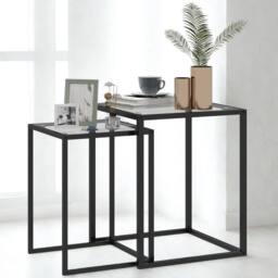 FURNOS Set Of 2 Nesting Side End Coffee Tables With Tempered Glass Top in Black - thumbnail 1