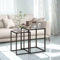 FURNOS Set Of 2 Nesting Side End Coffee Tables With Tempered Glass Top in Black - thumbnail 3