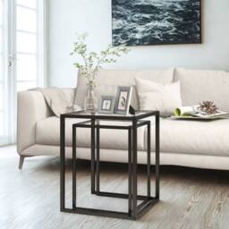 FURNOS Set Of 2 Nesting Side End Coffee Tables With Tempered Glass Top in Black - thumbnail 4