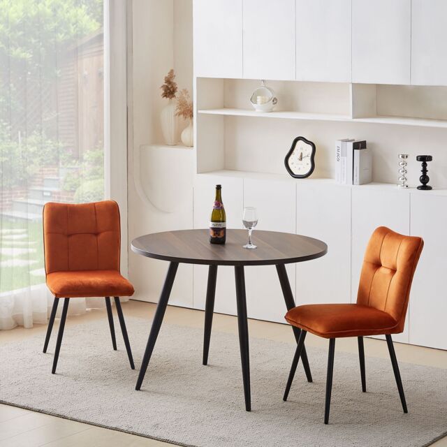 Dark Walnut Round Dining Table with 2 Green Velvet Dining Chairs Set