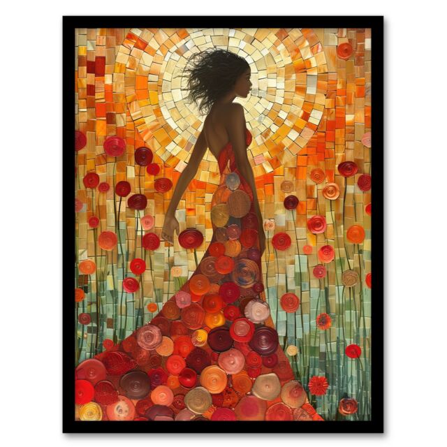 "Artery8 Woman With Dress Of Roses Sunset Mosaic Collage Framed Art Print in Orange - Size: W12"" x H16""" - image 1