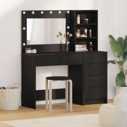 Berkfield Home 2 Piece Dressing Table Set with LED Black Engineered Wood - thumbnail 1