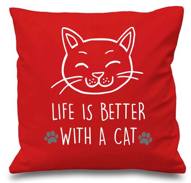 "60 SECOND MAKEOVER Red Cushion Cover Life Is Better With A Cat 16"" x 16"" Mum Friend Gift Decorative - Size: 40 cm x 40 cm"