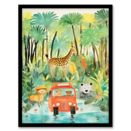 "Artery8 Jungle Safari Adventure Animals Kids Bedroom Nursery Giraffe Lion Watercolour Artwork Art Print Framed Poster Wall Decor - Size: W12"" x H16""" - thumbnail 1