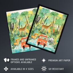"Artery8 Jungle Safari Adventure Animals Kids Bedroom Nursery Giraffe Lion Watercolour Artwork Art Print Framed Poster Wall Decor - Size: W12"" x H16""" - thumbnail 2