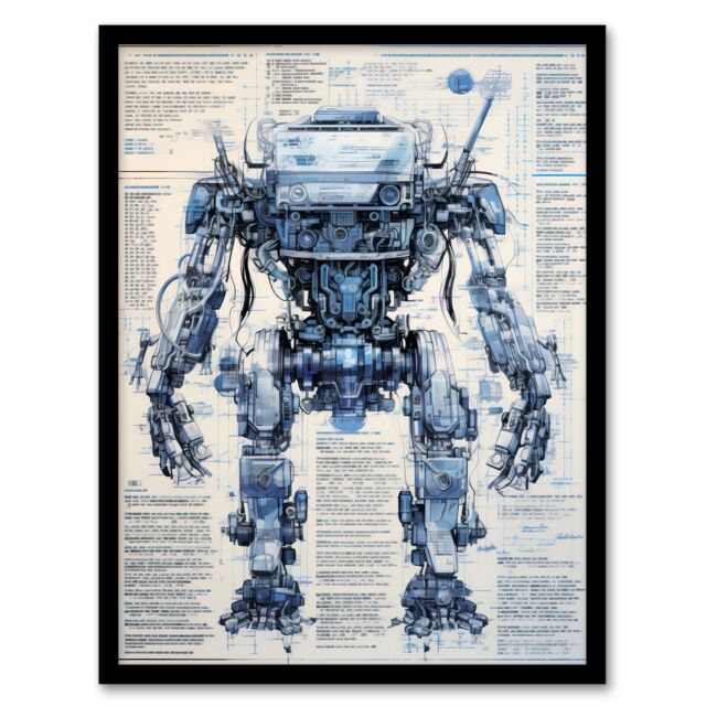 Artery8 Mech War Robot Hybrid Secret Military Schematic Blueprint Futuristic Complex Arcane Manuscript Gift For Him Man Cave Art Print Framed Poster - image 1