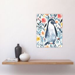 "Artery8 Shy Penguin in Flower Garden Bright Floral Wall Art Print in Blue - Size: W12"" x H16""" - thumbnail 4