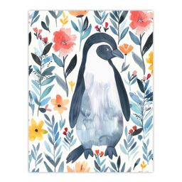 "Artery8 Shy Penguin in Flower Garden Bright Floral Wall Art Print in Blue - Size: W12"" x H16""" - thumbnail 1