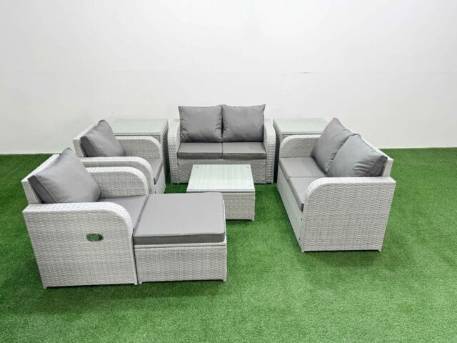 Fimous 7 Seater Outdoor Reclining Chair Love Sofa Set Rattan Garden Furniture Set with Square Coffee Table Footstool 2 Side Tables Light Grey - image 1