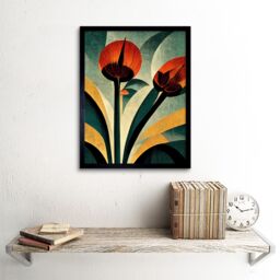 "Artery8 Wall Art Print Single Art Deco Flower Painting Coral Navy Green Beige Art Framed - Size: W12"" x H16""" - thumbnail 2