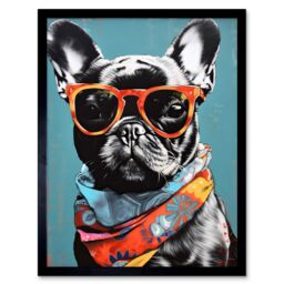 "Artery8 Wall Art Print English Bulldog Wearing Bandana & Sunglasses Art Framed in Black - Size: W12"" x H16""" - thumbnail 1