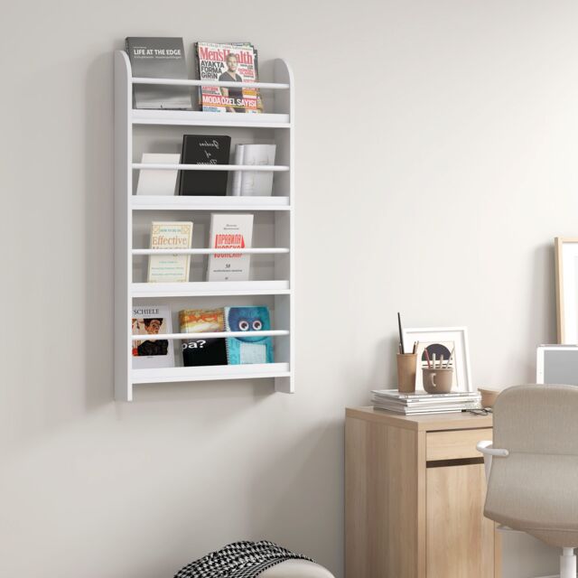 HOMCOM 4-Tier Wall-Mounted/Standing Wood Book Rack Shelf Water Resist ...