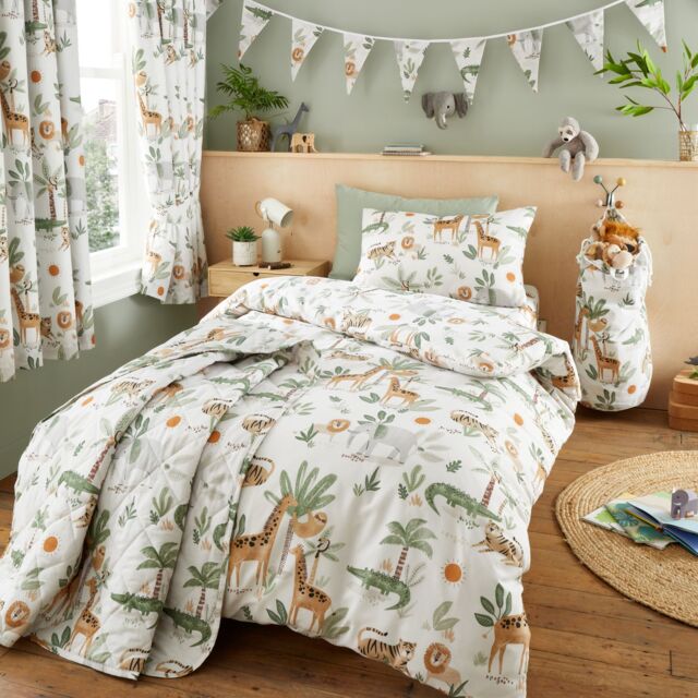 Happy Linen Company Jungle Safari Animals Duvet Cover Quilt Bedding Set in Ivory - Size: Single