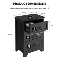 Costway Wooden 3-Drawer Bedside Table Vintage Nightstand Accent End Table Sofa Side Table in Black - thumbnail 5