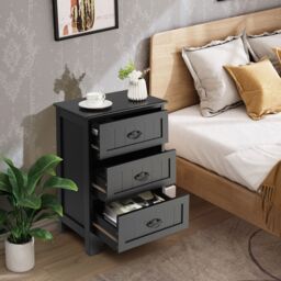Costway Wooden 3-Drawer Bedside Table Vintage Nightstand Accent End Table Sofa Side Table in Black - thumbnail 2