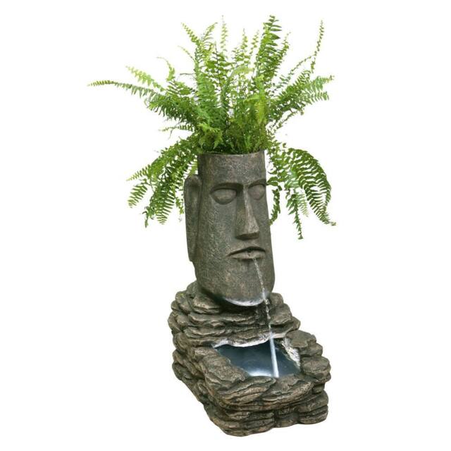Primrose Solar Powered Water Feature 'Easter Island Head' Planter Lights 73cm in Brown - image 1