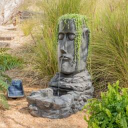 Primrose Solar Powered Water Feature 'Easter Island Head' Planter Lights 73cm in Brown - thumbnail 3