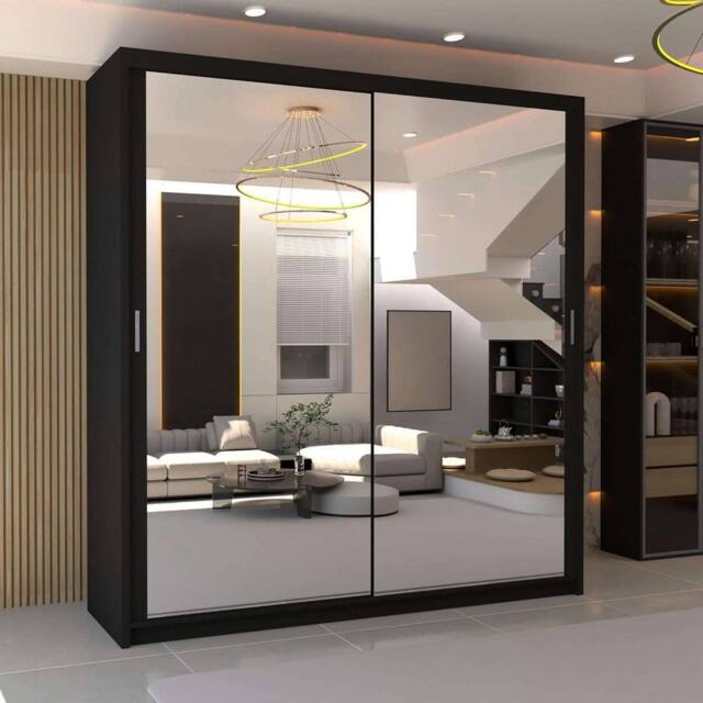MN Furniture Double Mirror Sliding Door Wardrobe W90cm x H200cm in Black - Size: 1 Pack - image 1