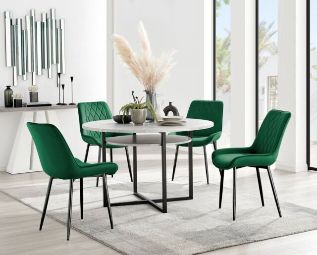 FurnitureboxUK Adley Grey Concrete Effect & Black Round Dining Table with Shelf & 4 Velvet Pesaro Dining Chairs in Green - image 1