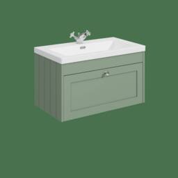 Balterley 800mm Wall Hung 1 Drawer Unit, Minimalist Basin 1 Tap Hole Satin Green - thumbnail 1